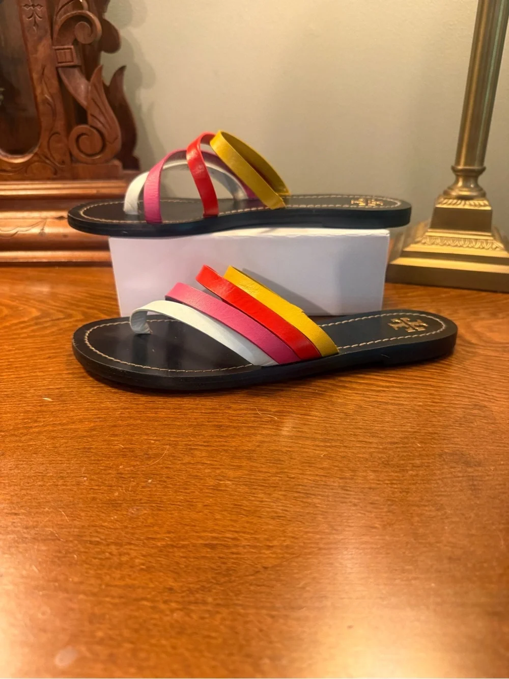 Tory Burch Patos Black Leather Slide Sandals Yellow Red Pink White Strap Size 9